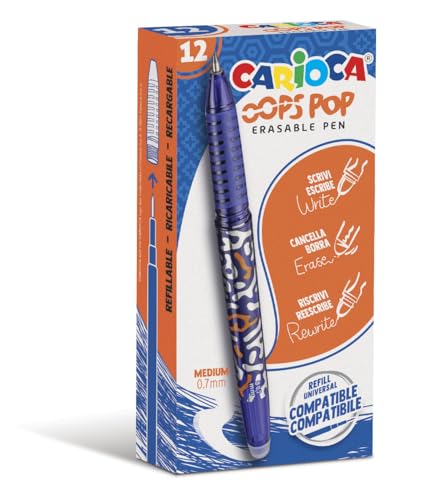 Carioca Bolígrafos borrables Oops Pop Azul | Caja de 12 bolígrafos borrables recargables azul con tinta termosensible |12 piezas