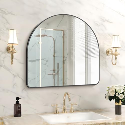 Image of FORBATH Arched Bathroom Mirror 24x24 Inch, Black Bathroom Mirror Wall Mounted Modern Aluminum Alloy Frame Arch Mirror for Bedroom Living Room Entryway, Hanging or Leaning Against Wall
