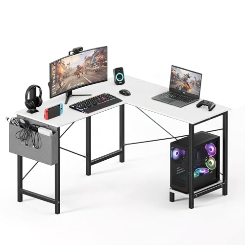 Image of OLIXIS L Shaped Desk, 50-Inch Office Computer Gaming Desks Corner PC Table with Side Bag and Reversible Shelf for Home Work Study Writing White