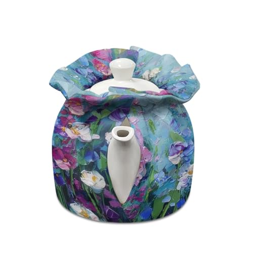Image of Tea Cosy for Teapot Insulated Watercolor Flower Print Tea Kettle Cover Insulation and Keep Warm Portable Teapot Cozy Breakfast Warmer with Drawstring Breakfast Warmer Kitchen Decor