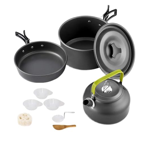 Ustensiles cuisine camping avec théière et casseroles antiadhésives