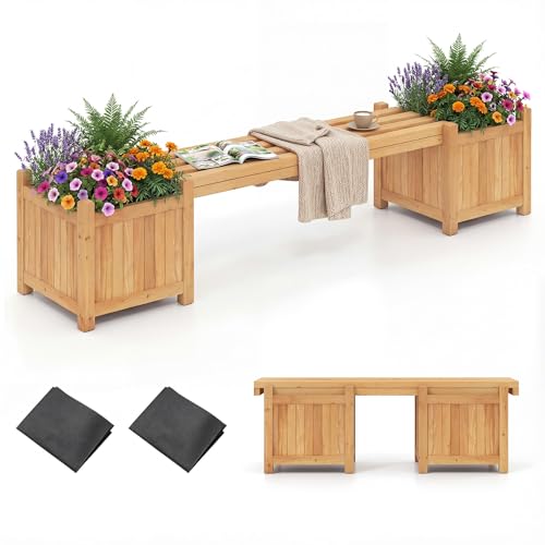 COSTWAY Fioriere da Esterno con Panchina, Letto Rialzato da Giardino in Legno Massello con e Base Aperta, Fioriere Elevate per Patio, Cortile e Veranda (Naturale, 169 x 35 x 35 cm)