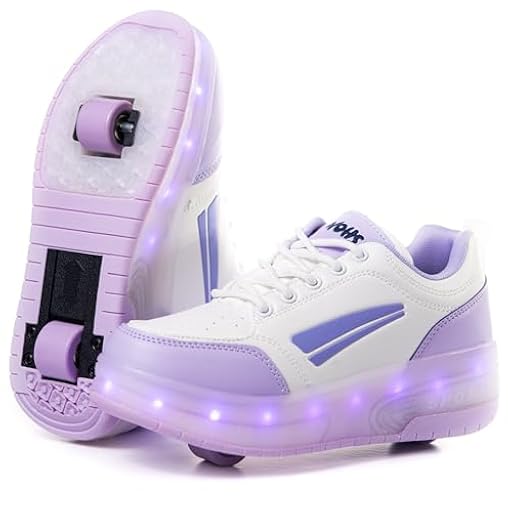 Zapatillas Deportivas con Dos Ruedas y Luces LED. Recargables, 16 Efectos de Luces. Rueda Trasera automática. Blanco/Lila. Talla 32 | Ya disponible en tu tienda friki favorita! En mundofriki.es!