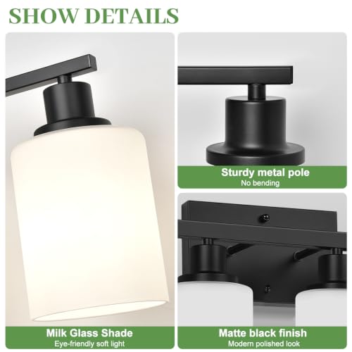 Image of MOKATNG 8-Light Bathroom Light Fixtures, Vanity Light with Milky White Shades, Matte Black Bathroom Light Fixtures Over Mirror, Modern Bathroom Wall Lamp for Mirror Living Room Cabinet Bedroom
