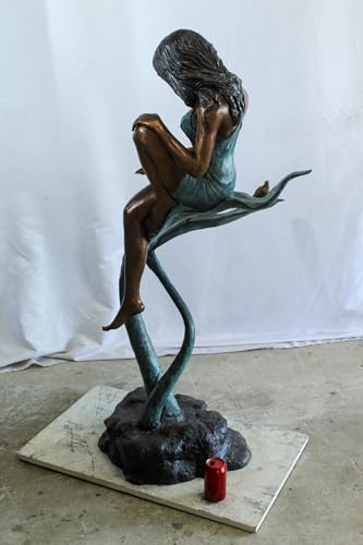 Estatua de bronce niña sentada en vid con pájaro 26x24x53 in miniatura 6