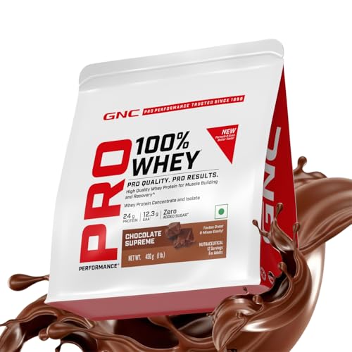 Image of GNC Pro Performance 100% Whey Protein | New Formula with No Maltodextrin | 24g Protein |DigeZyme For Faster Absorption | Isolate & Concentrate Blend & Low Carb | Chocolate Supreme (450g)