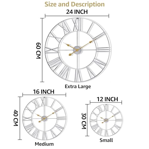 Sorbus Large Wall Clock for Living Room Decor - 16 inch Big Wall Clock Decorative - Battery Operated - Roman Numeral Analog Large Clock for Bedroom, Room, Home, Kitchen, Office, Wall Decor (Silver)