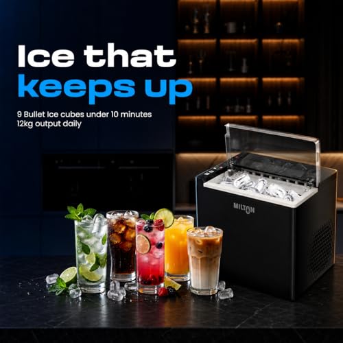 Image of Milton Ice Maker Machine 1.5L | 9 Bullet Ice Cubes in 6-8 Mins | 12Kg /24Hrs | 2 Size ice cubes | Portable Countertop Ice Maker for Home, Kitchen, Office & Parties | Black (1 year warranty)