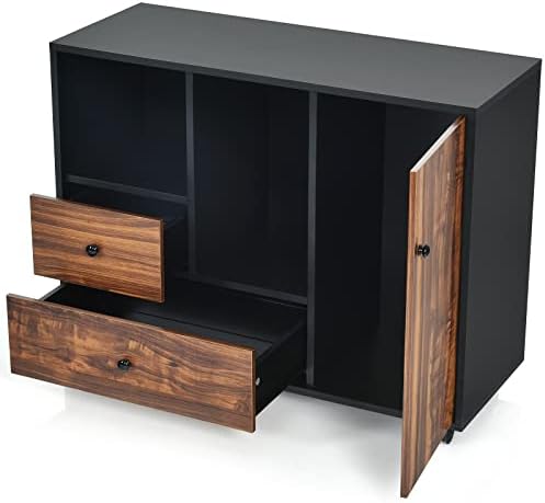 CASART Mobile File Cabinet, Wooden Storage Cupboard with Casters, Rolling Filing Sideboard Unit Storage Cabinet for Home Office(Brown+Black, 2 Drawers+2 Compartments+1 Door)