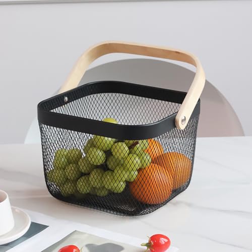 Ciotola quadrata in filo metallico intrecciato, con manico in legno, multifunzione, da appendere, per cucina, bagno, picnic, shopping, decorazione (nero)