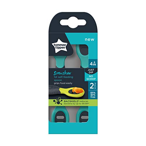 Tommee-Tippee-Smushee-First-Self-Feeding-Weaning-Spoons-Chunky-Handles-Reversible-Grips-Food-Easily-4m-Pack-of-2