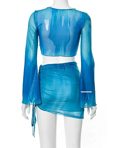 Image of Women's Sexy Long Sleeve Two 2 Pieces Outfits Sheer Mesh Mini Dress Skirt Set Top V Neck Backless Ruched Bodycon Cover Up