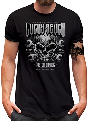 T-shirt Lucky 7 pour homme Iron Skull Car Tuning Garage taille S à 5XL coloris noir