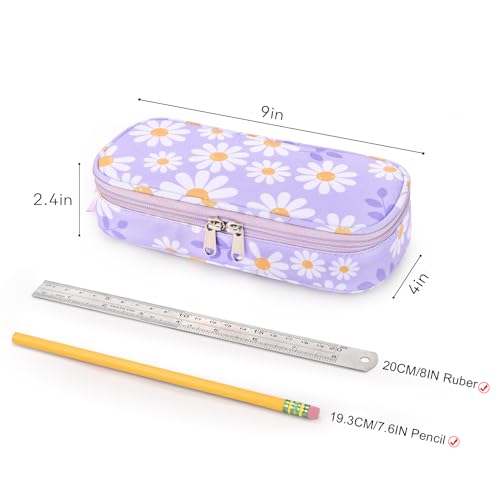 Image of mibasies Girls Pencil Case for Kids, Multi-Slot Pencil Pouch, Daisy Purple
