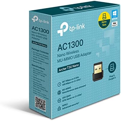 TP-Link AC1300 Nano Wireless MU-MIMO USB 2.0 Adapter, Dual-Band, Miniature Design, Supports Windows 10/8.1/8/7, Mac OS 10.15 and earlier, Highly Secure WPA3, Easy Setup (Archer T3U Nano)