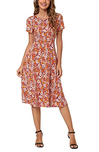 EXCHIC Damen Freizeit Rundhals A-Linie Kurzarm Midi Kleid Elegant Blumen Sommer Knielang Kleider (L, 16)