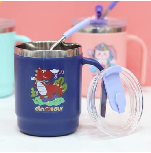Image of Insulated Mug with Lid and Straw, Stainless Steel,12.5 x 11.5 cm, with Handle (Dino)