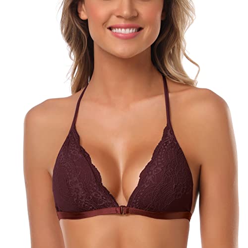 Image of SHEKINI Women's Lace Bra Wireless Padded Triangle Bralettes for Women Front Closure Halter Bras for Women