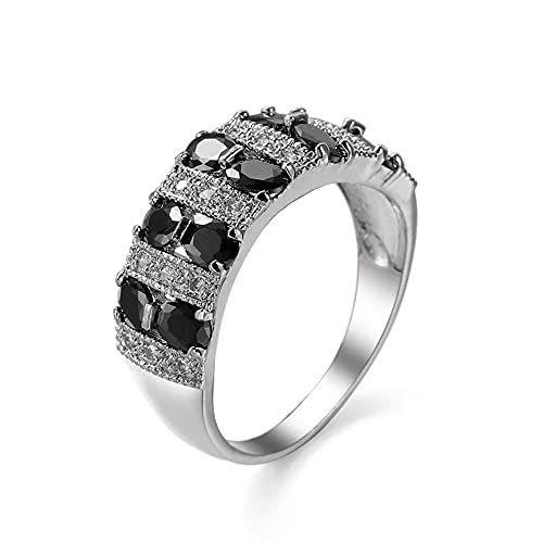 WTH OYE 925 Sterling Silver Full Diamond Ring Shiny Black Onyx Ring Oval Cut Cubic Zirconia Promise Rings CZ Black Gem Cocktail Rings Eternity Engagement Wedding Band Ring for Women W.53 (US Code 7)