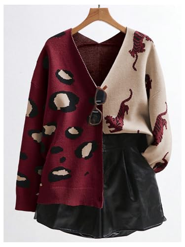 Image of WDIRARA Women's Leopard Tiger Print Cardigan V Neck Long Sleeve Color Block Button Down Sweater Outwear