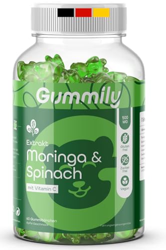 Gomitas de moringa con extracto de espinaca: sin azúcar y veganas. Complejo superalimentario (500 mg de extracto) con hierro natural, vitaminas C y A. Alternativa al polvo y las cápsulas de moringa