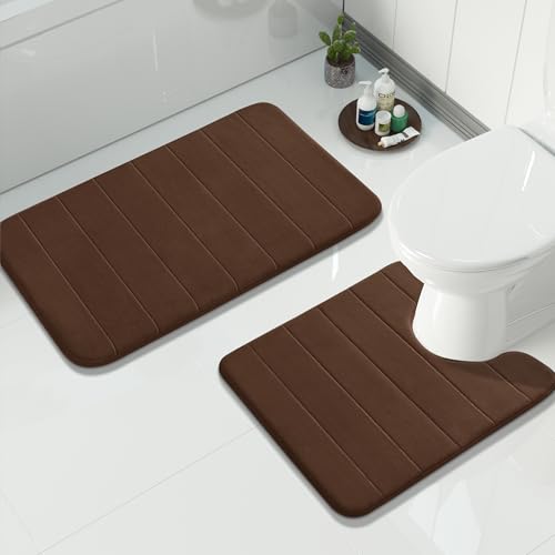 Image of Yimobra Memory Foam Bath Mat Set 2 Piece - Super Soft Absorbent Quick Dry Bathroom Toilet Rugs, Machine Washable Non Slip Floor Carpet for Tub Shower & Single Sink (31.5x20 & 24x20, Brown)