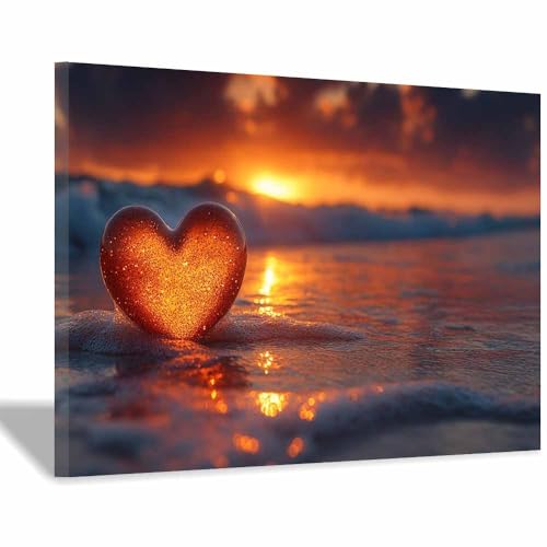 Toile Murale Cœur Pailleté Orange Coucher de Soleil Océan Encadrée BOHUO