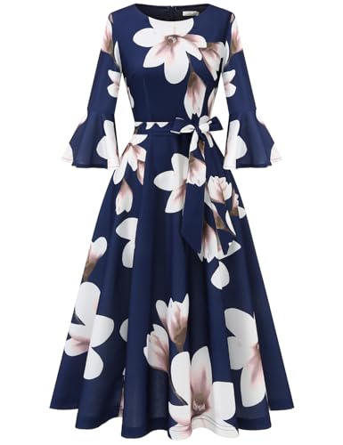 Image of HomRain Women's Church Dresses Modest Bell Sleeve Wedding Guest Cocktail Tea Party Vintage Evening Dress