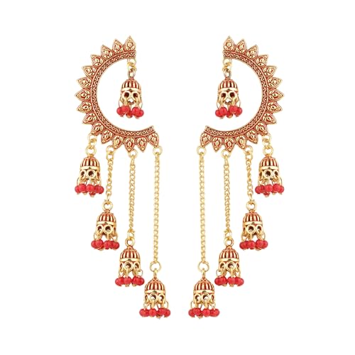 Image of WORLD CRAZE Multicolour long kashmiri jhumka for women chandbali earrings chand baliyan | kashmiri earrings for women | bahubali earrings stylish | Traditional Indian Festive Jewelry | Long Chain Tassels | Pearl Drop Latkan Jewellery (Multi colour)