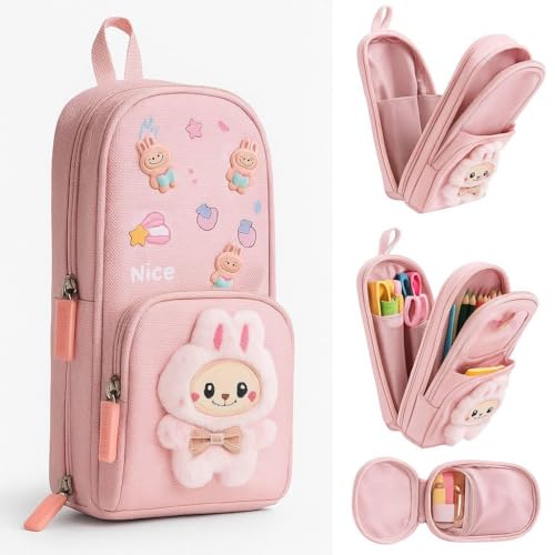 Image of Three Layer School Bag-Shaped Pencil Pouch, Large-Capacity Pencil Pouch with Zipper, Multipurpose Pen & Pencil Case for School Supplies for Boys & Girls (Pack of 1) (Pouch-Pink)