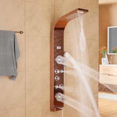 Image of Backline 6-in-1 Multifunction Shower Panels (Rose Gold) - SS 304 Grade | LED Rainfall, Rotatable Body Jets, Hand Shower & Tub Spout | Wall Mount Shower Panels for Bathroom