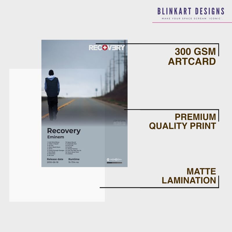 Image of BLINKART Eminem- Recovery Wall Photo Frames | Wall Art for Bedroom, Living Room, Studio or Office | Album Cover Print with Spotify Song Link QR Code | Gift for Fans - 8x12 In
