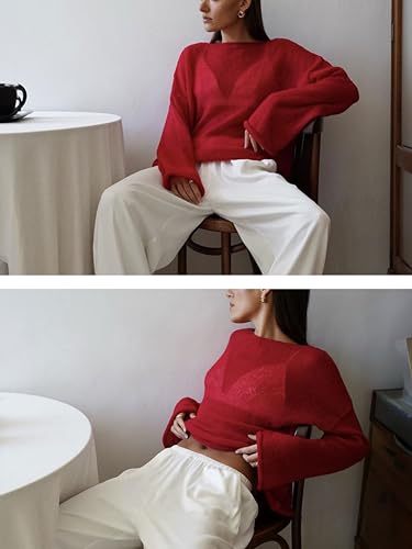 Image of Sweters for Women, Womens Sweater, O-Neck Solid Color See Through Pullover Jumper Shirt Beach