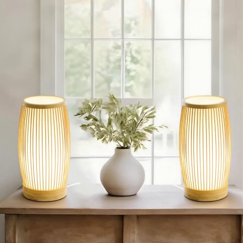Image of Set of 2 Small Table Lamps, 11 inch Japandi Bamboo Bedside Lamps with Beige Linen Shades, Boho Nightstand Lamps for Bedroom, Living Room, Dorm Room, Natural