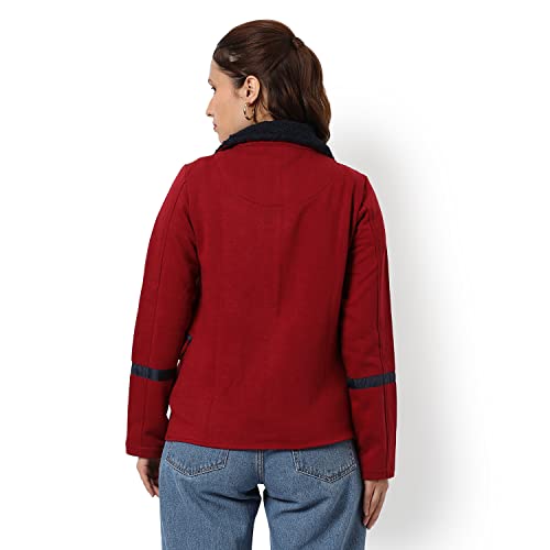Image of Campus Sutra Women Maroon Solid Regular Fit Cotton Jacket For Winter Wear | Collar Neck | Full Sleeve | Zipper | Casual Jacket For Woman & Girl | Western Stylish Jacket For Women