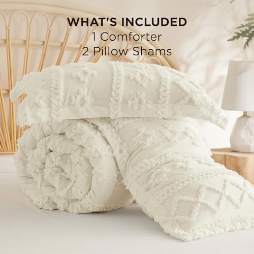 Bedsure Tufted Boho Comforter Set California King Size - Ivory Boho Bed Set, GentleSoft™ 3 Pieces Farmhouse Shabby Chic Embroidery Bedding, Gifts for Woman, Soft Jacquard Comforter for All Seasons