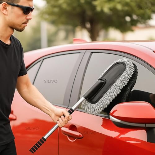 Image of SILIVO Car Cleaning Duster with Extendable Handle | Microfiber Mop for Car, Bike & Home Dusting | Reusable, Washable Dry Cleaning Brush for Interior & Exterior Use (33 inch, Multi Color)