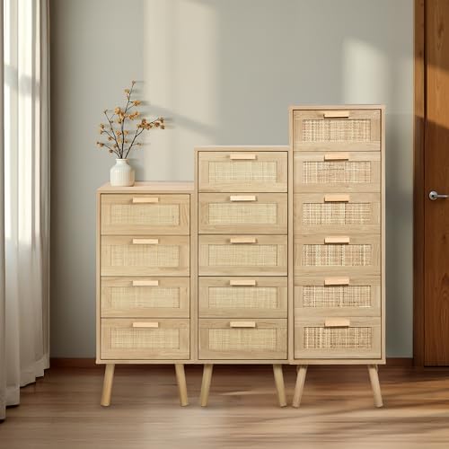 Image of Finnhomy Rattan Dresser for Bedroom, Tall Dresser with 5 Hand Made Rattan Decorated Drawers, Small Chest of Drawers for Living Room, Closet, Hallway, Natural