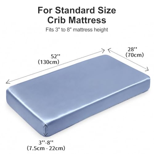Image of 2 Pack Satin Crib Sheets for Baby Hair Care - Oeko-TEX Certified Silky Soft Fitted Mattress Cover 28x52 - Breathable & Gentle on Skin, Snug Fit for Standard Crib (Light Blue & Haze Blue)