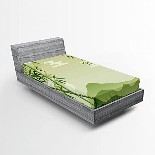 Ambesonne Green Leaf 2 Pack Fitted Sheet, Japanese Tree Oriental, Bed Cover All-Round Elastic Deep Pockets 2 Pieces, Package Contains 2 Twin XL Size Fitted Sheets, Lime Green