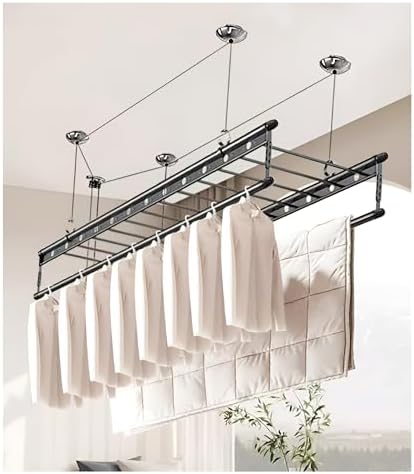 Floor-Standing Solid Wood Rotating Coat Rack & 4-Bar Aluminum Alloy Ceiling Drying Rack, Efficient Space-Saving Laundry Airer & Clothesline（Silver,150cm）