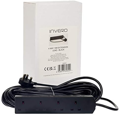 Invero® 4 Way Gang Power Mains Extension Lead 15M Metre Cable British Approved 13A Amps - Black