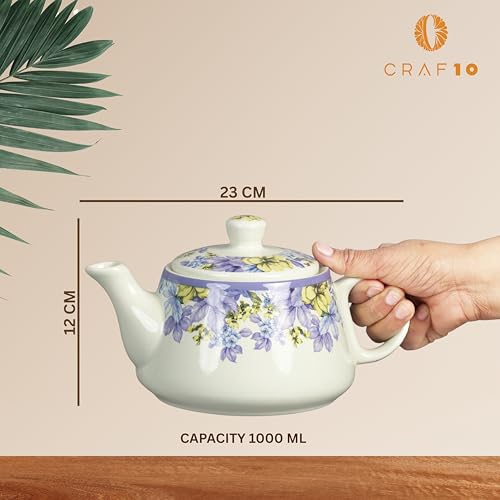 Image of CRAF10 Handcrafted Ceramic Blue Lilac Floral Print Teapot Cup Set - 1 Kettle (1 Litre) & 6 Cups (160 ML), Microwave & Dishwasher Safe | Morning Set | Tea Sets with Kettle