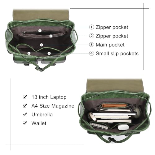 Image of COOLCY Women Vintage Genuine Leather Backpack Purse Fashion Rucksack Practical and Stylish Retro Daypack Bag (Green)