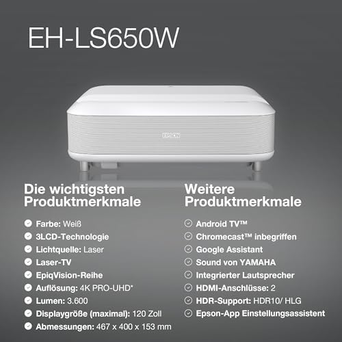 Epson EH-LS650W 4K PRO-UHD Smart-Laserprojektor, 3.600 Lumen, bis zu 120-Zoll Bilddiagonale (3,05 m)
