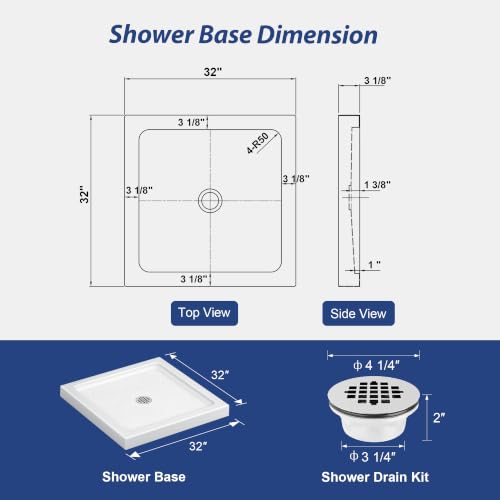 Image of KPUY 32'' L X 32'' W Shower Base Pan with Center Drain, White