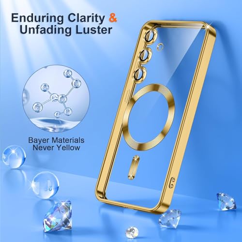 Image of VONZEE Clear Logo Electroplating Transparent Case for Samsung S25 FE 5G, Magnetic Plating [Support for MagSafe Charger] Electroplate TPU Cover, Individual Camera Protection for Each Lens - Gold
