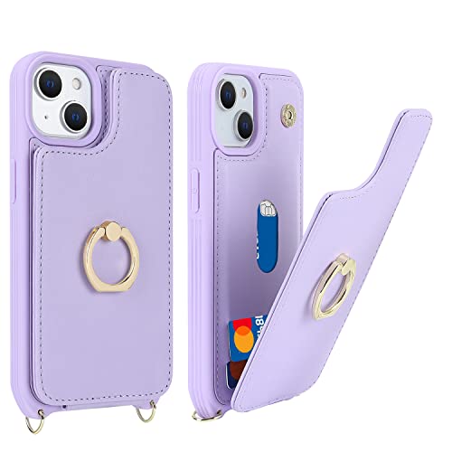 Image of for iPhone 14 Plus Case with Card Holder and Strap for Women,Crossbody Lanyard,RFID Blocking,Stand Ring Kickstand,Snap Clasp,Phone Wallet Cases 6.7 inch(Purple)