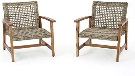 Christopher Knight Home Hampton Outdoor Mid-Century Wicker Club Chairs with Acacia Wood Frame, 2-Pcs Set, Natural Stained / Grey