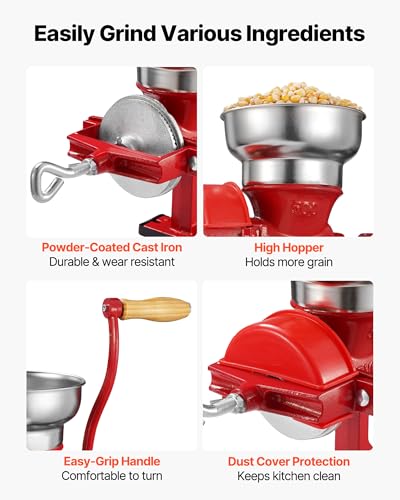 Image of VEVOR Manual Grain Mill with Low Hopper, Hand-Crank Corn Grinder, Heavy Duty Cast Iron Wheat Grinding Mill with Stable Table Clamp & Dust Cover for Grains Spices Coffee Beans Nuts